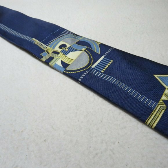 FRANK LLOYD Tie Fireplace Relief Hollyhock House 100% Silk Blue Abstract - Picture 9 of 9